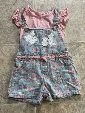 Little Lass Pink Floral Denim Shortall Outfit